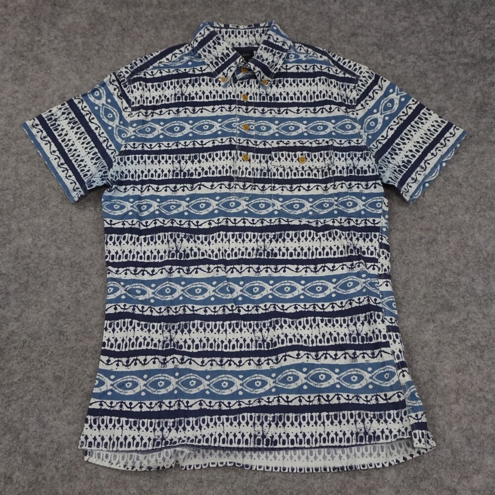 J Crew Button Up Shirt Mens Small Blue Short Sleeve Regular Fit Cotton Geometric